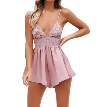

Women Summer Playsuit Sexy Backless pink Mini Jumpsuit Sweet lace Bowknot Evening Party Beach Boho Jumpsuit Mono Mujer#40
