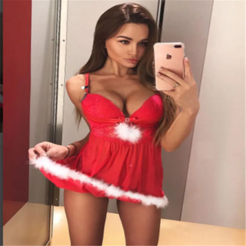 

2017 New Sexy Christmas Sleepwear Underwear Women Lingerie Babydoll Dress Red Suit MIni Short Dress Chemises