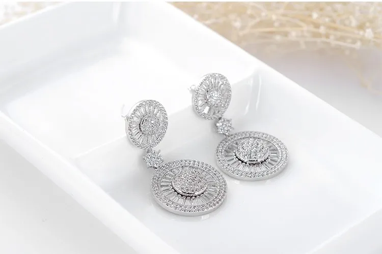 LUOTEEMI New Luxury Noble Dangle Shining CZ Crystal Double Round Brincos Statement Drop Earrings for Women Wedding Jewelry