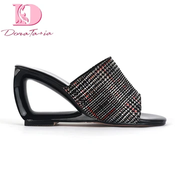 

Doratasia 2019 top quality Plaid cloth women's big Size 43 sexy strange party Summer Shoes High Heels Shoes Woman Pumps Mules