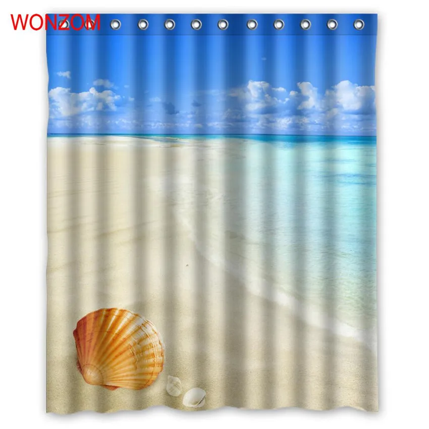 

WONZOM 1Pcs Shell Waterproof Shower Curtain Pearl Bathroom Decor Beach Decoration Scenery Cortina De Bano 2017 Bath Curtain Gift