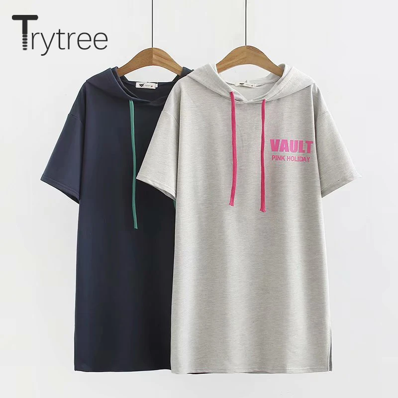 Trytree летние Повседневное Для женщин длинная футболка с капюшоном буквенным