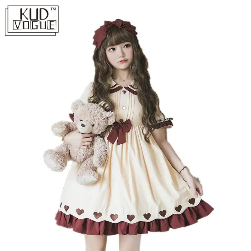 Винтажное платье Lolita круглая кукла воротник короткие рукава сердечки