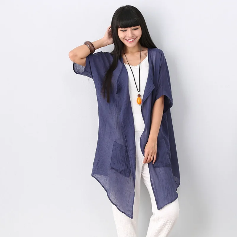 

Summer Women Cotton Linen Loose Blouse Sunscreen Cardigans Solid Plus Size Long Blouse Cardigans