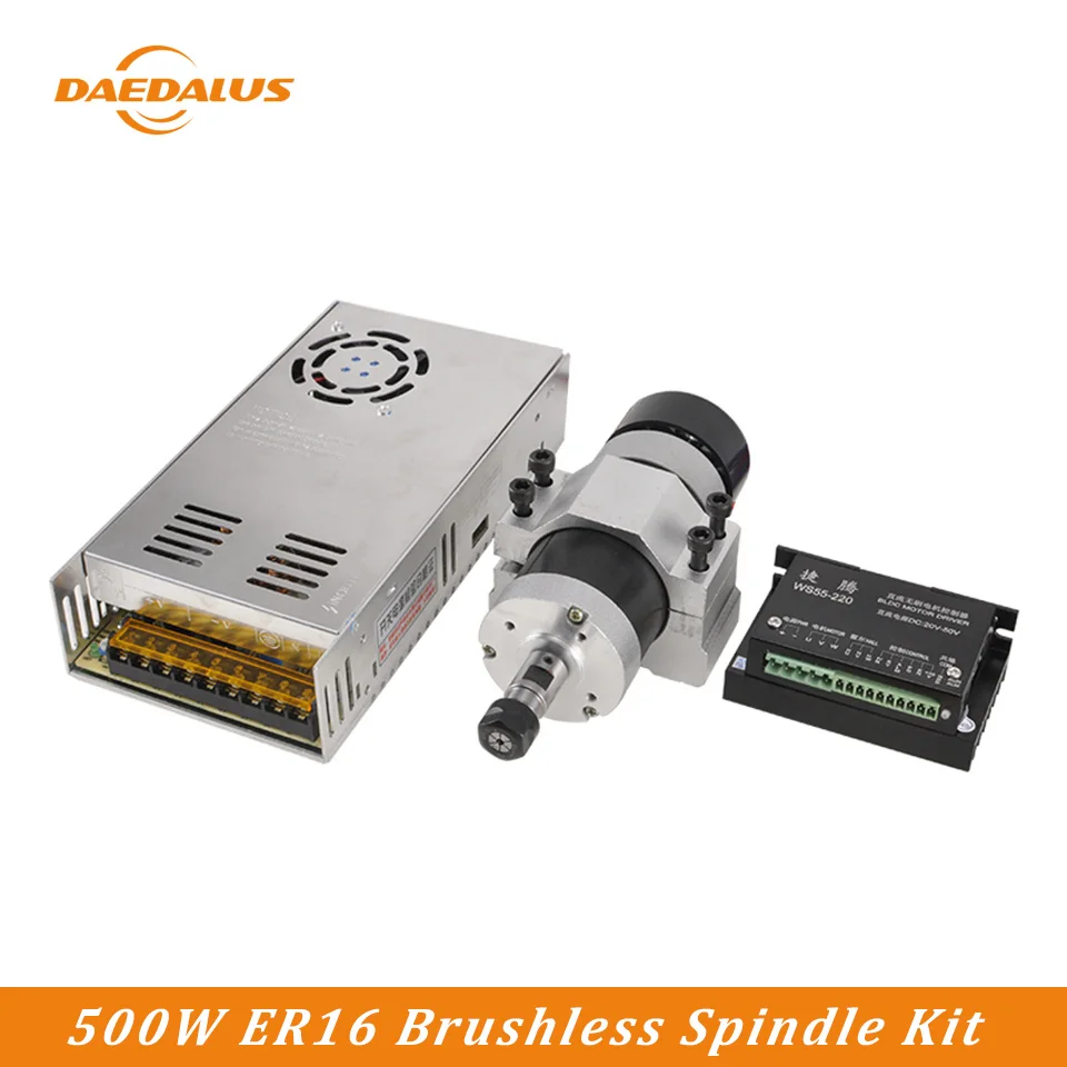 

Daedalus CNC Engraving Spindle Motor Kit Brushless 500W Air Cooled Spindle Power Supply Driver 55MM Clamp For Wood Router