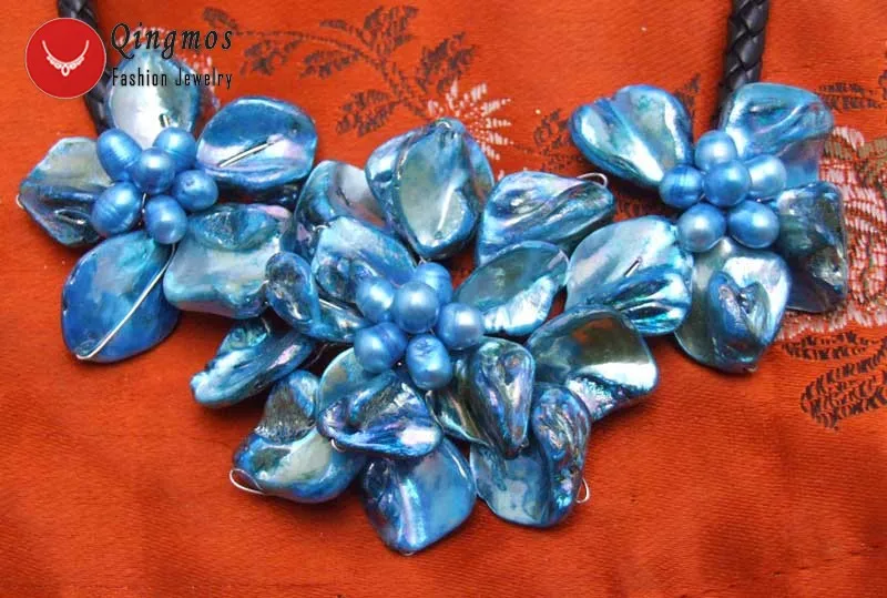 Qingmos Trendy Shell Flower Pendant Necklace for Women with 3 PCS Bright Blue Shell & Pearl Necklace Jewelry Chokers 18'' N6362