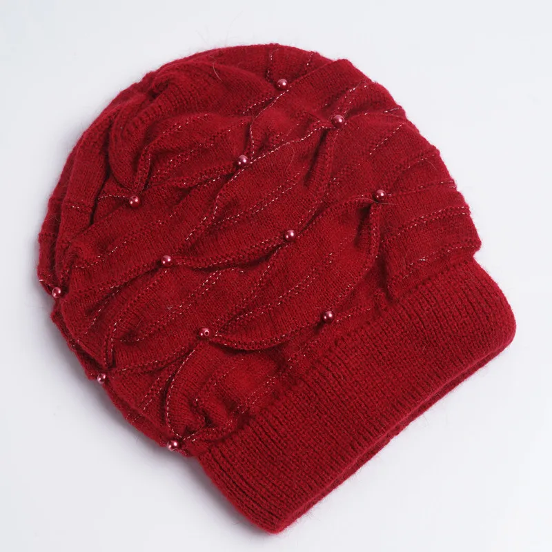 Charles Perra, женские вязаные шапки, Осень-зима, двухслойная утолщенная шерстяная шапка, теплая, защита ушей, повседневные женские шапочки 8311 - Цвет: wine red hat