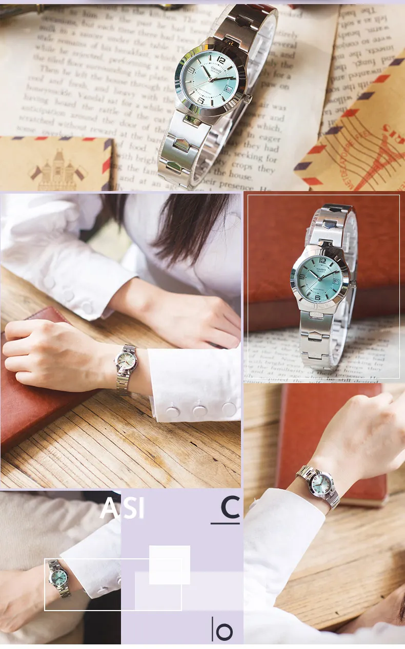 Casio Часы Женские простой стальной ремень светильник зеленый маленькая пластина кварцевые женские часы LTP-1241D-3A