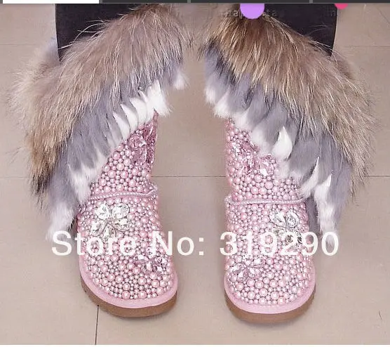 

Fashion Pink Rhinestone Pearl Snow Boots Women Hand Made Fur Flats Wedding Dress Shoes 2 orders