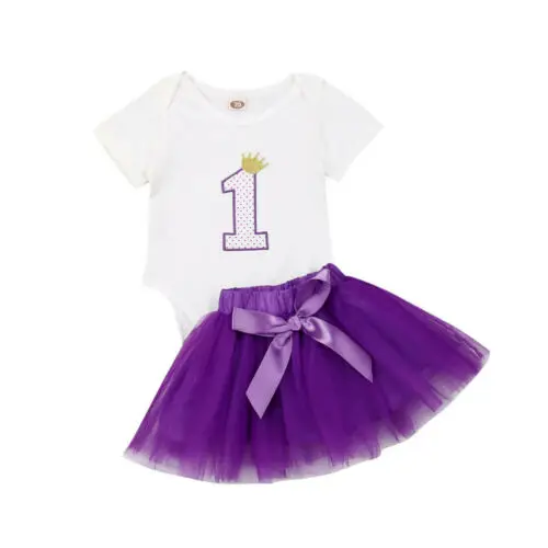 

2019 Baby Girl Birthday clothing set Romper 1 Top Purple tutu Skirt Clothes Short for Kid clothes Children newborn Outfit