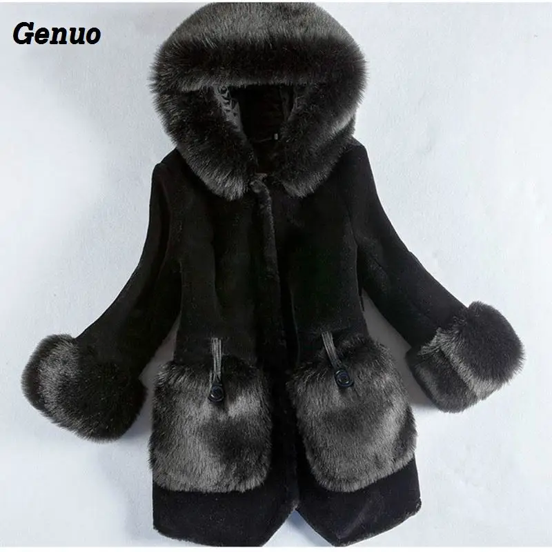 Genuo Winter Luxury Faux Fox Fur Coat Slim Long Faux Fur Jacket Overcoat Women Hooded Fur Pocket Warm Coat Outwear Party Clothes - Цвет: black