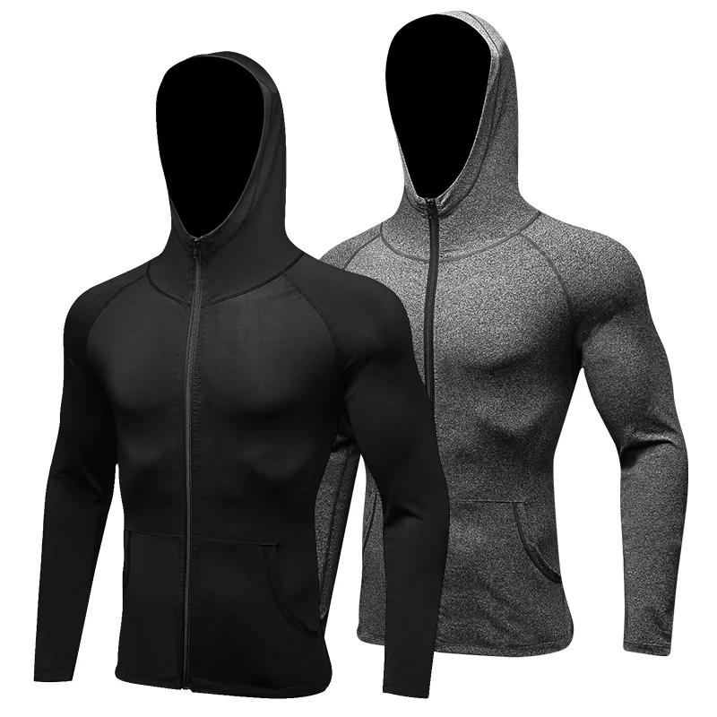 

2018 Coolest Hooded Compression Sports Jacket Men Shirt Zipper Gym Clothing Rashgard Sportswear Fitness Black Running T-shirt