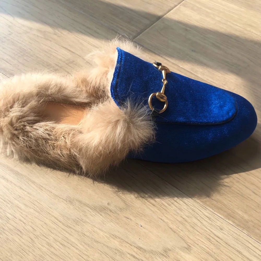 Bleu Doux Qualité 34 Belle Top 41 Taille Mules Plat Lapin Chaussures Couleur Femmes De Fourrure Velours Diapositives Faux Mocassins SA6qwx6