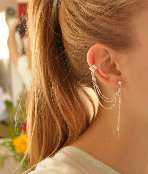 

New Fashion Women Girl Punk Rock Leaf Chain Tassel Dangle Cuff Cross Charms Metallic Wrap Ear Cuff Earrings