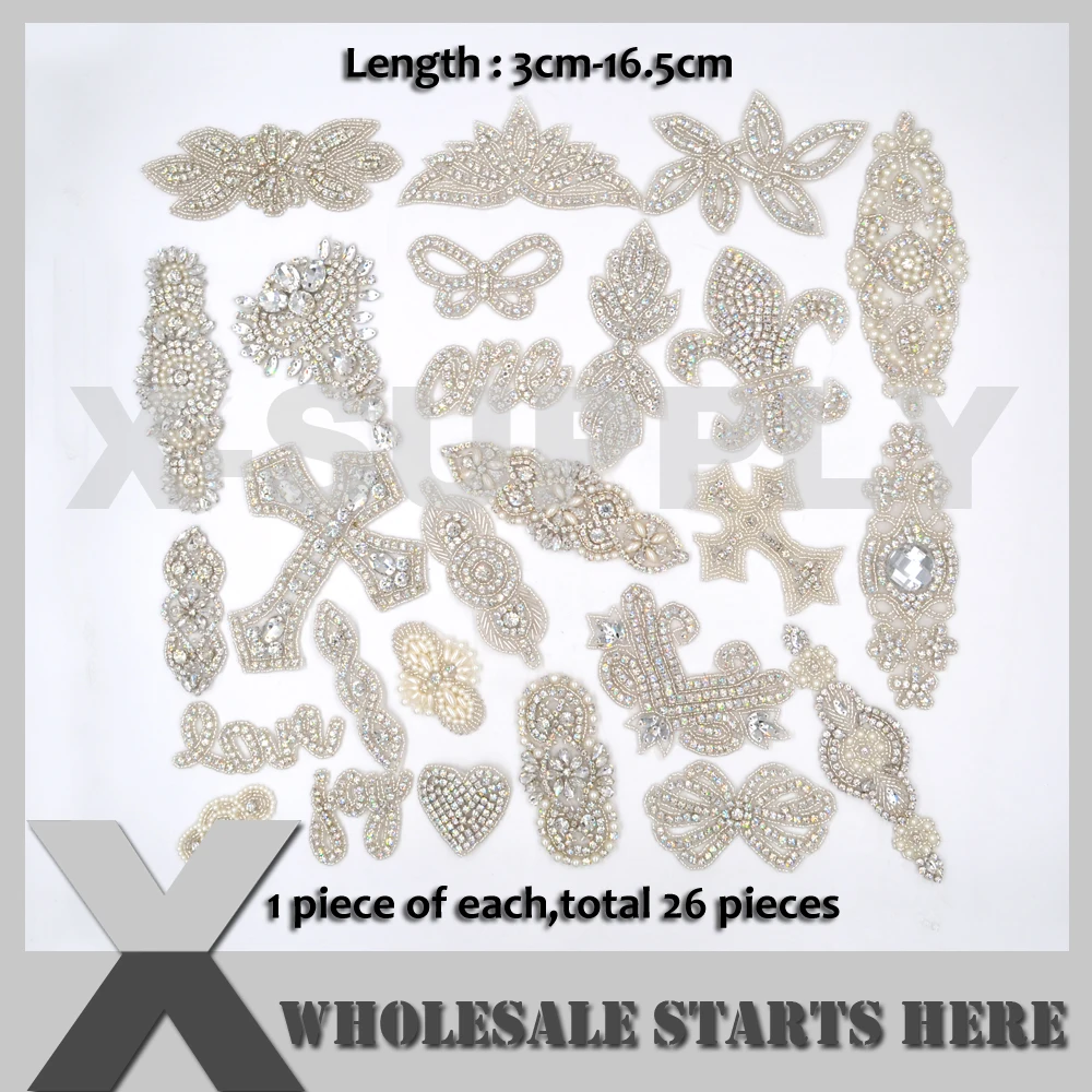 

(3cm-16.5cm Length) Mixed Bridal Crystal Pearl Rhinestone Appliques, Iron On Beaded Patch for Sash,Wedding Dress, X1-RAT2553