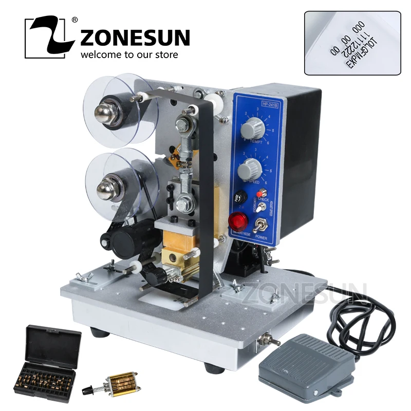 ZONESUN HP-241B код печатной машины ленты шифровальная машина для печати отметок истечения срока годности на английском языке, на солнечной батарее, 110 V/220 V