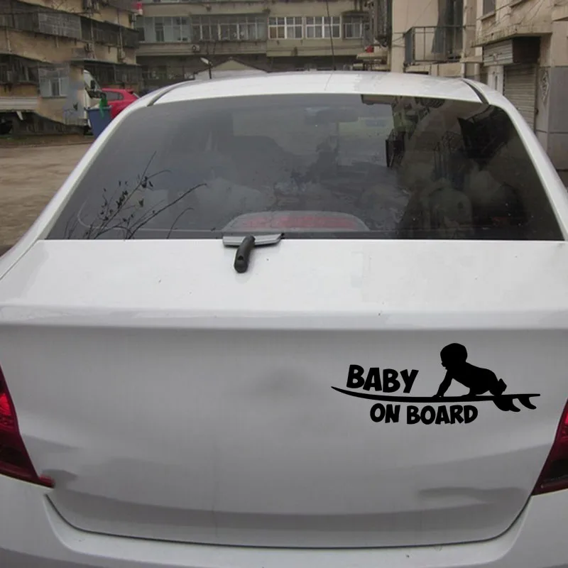 18CM*7CM Baby On Board Funny Vinyl Sticker Cute Surfboard Surfer Car Sticker Reflective Silver Car Styling Decals