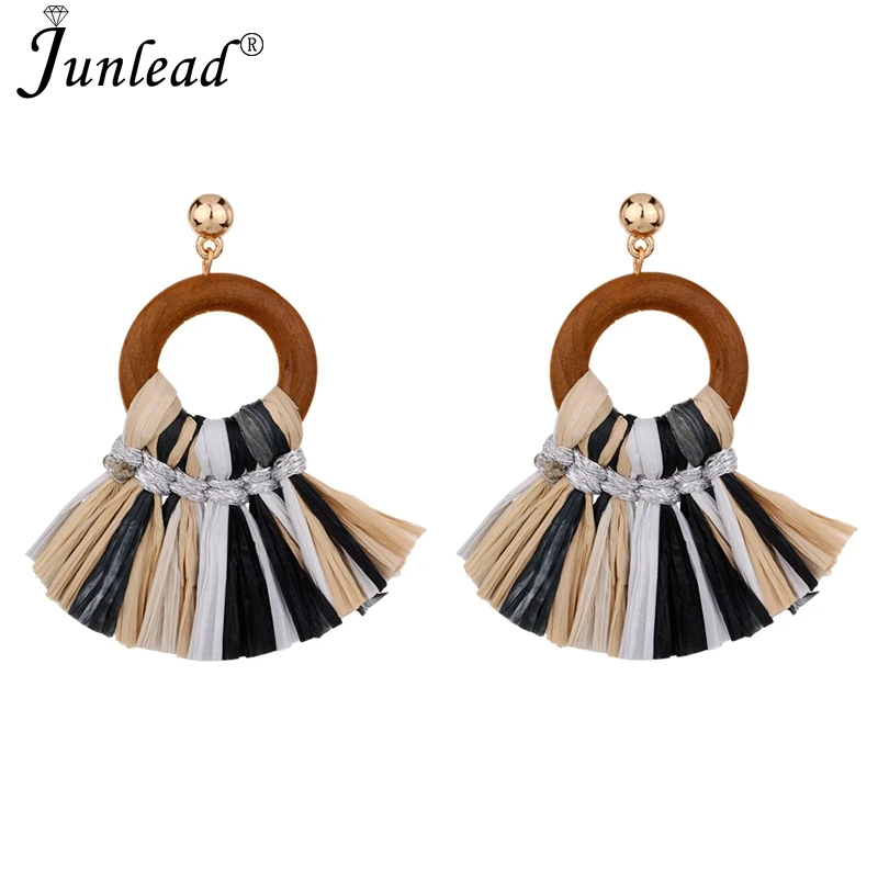Junlead Fashion Handmade Sector Wooden Drop Earrings Raffia Straw Weave Dangle Earring For Women Jewelry Wedding | Украшения и