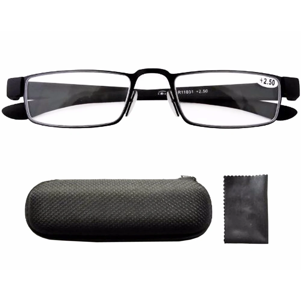 R11031 черная оправа из нержавеющей стали с резиновым покрытием дужки очки для чтения W/чехол+ 1,00/+ 1,50/+ 2,00/+ 2,50/+ 3,00/