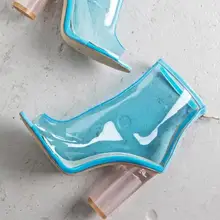 Голубой прозрачный ПВХ, ботильоны с открытым носком, на молнии, на квадратном каблуке, пикантные сандалии-гладиаторы, женская обувь