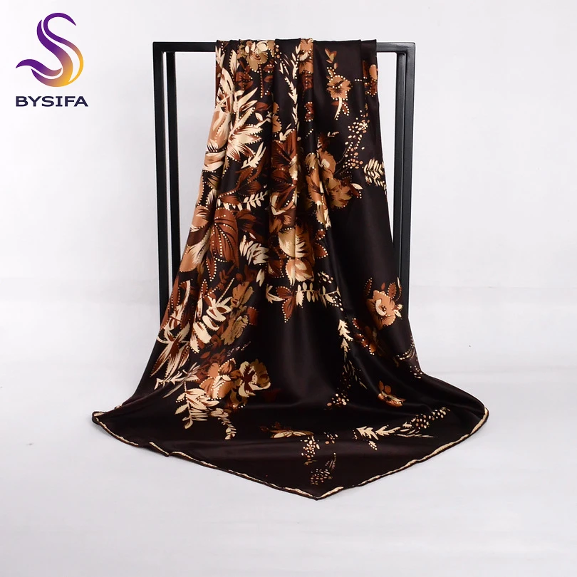 

[BYSIFA] Coffee Gold Silk Scarf Shawl Women Luxury Gold Stamp Satin Large Square Scarves Rich Flowers Design Muslim Head Scarf