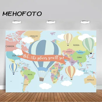 

Oh The Place He'll Go Baby Shower Backdrop World Map Adventure Photography Background Airplane Boy Baby Shower Party Banner Prop
