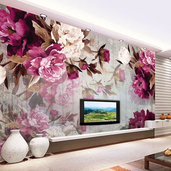 

Photo Wallpaper European Style Hand-painted Peony Wood Grain Flowers Mural Living Room TV Sofa Bedroom Wall Painting Home Decor
