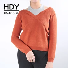 HDY Haoduoyi Brand Women Brown/Grey Casual Sweaters Cold Shoulder Sexy Pullovers Female Long Sleeve Patchwork Tops Lady HDY Haoduoyi Brand Women Brown/Grey Casual Sweaters Cold Shoulder Sexy Pullovers Female Long Sleeve Patchwork Tops Lady