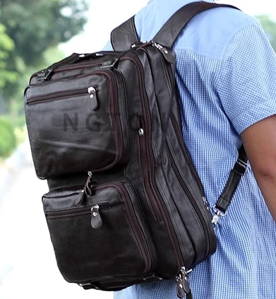 4USE мужской школьный рюкзак из натуральной кожи, сумка для ноутбука, мужская кожаная дорожная большая сумка, сумка через плечо, черный, коричневый - Цвет: Brown  Size XL