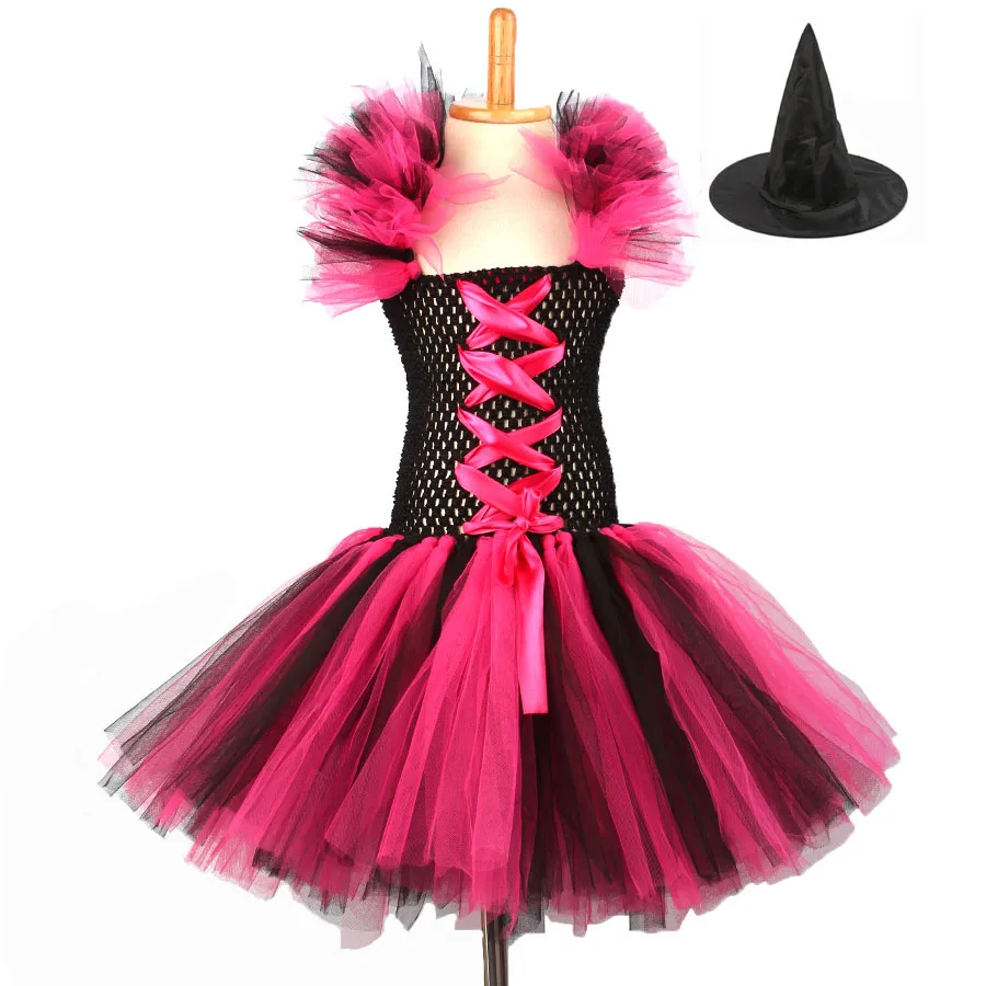 Halloween Girl Witch Hot Pink Black Cosplay Tutu Dress Knee Length Evening Party Dress Kids Holidays Tutus Purim Dress (15)