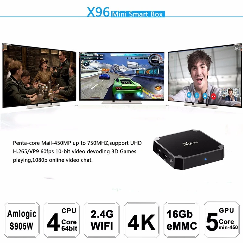 X96 Мини ТВ приставка на базе Android box set top четырехъядерный Amlogic S905W 7 1 2 4G/5 8 GHz Wifi HD2.0 4 k