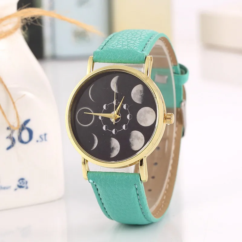Solar Moon Phase Lunar Eclipse Watch Women Stylish Quartz Watch PU