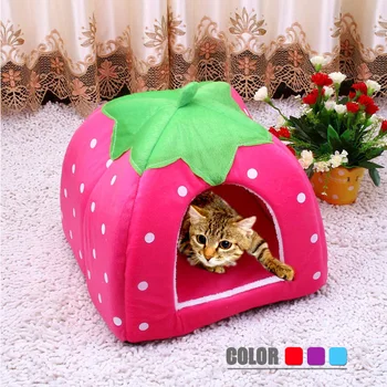 

Foldable Soft Dog House Strawberry Shape Kennel Warm Cushion Portable Corduroy Cat bed Nest For Small Medium Pets