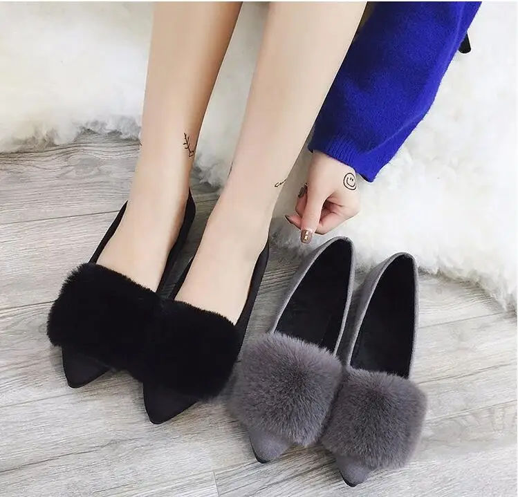 

Cony hair Winter Fur Women Loafers Pointed toe Slip on Flat Shoes Warm Boat Shoes Comfortable Flock Woman Flats Zapatos Mujer