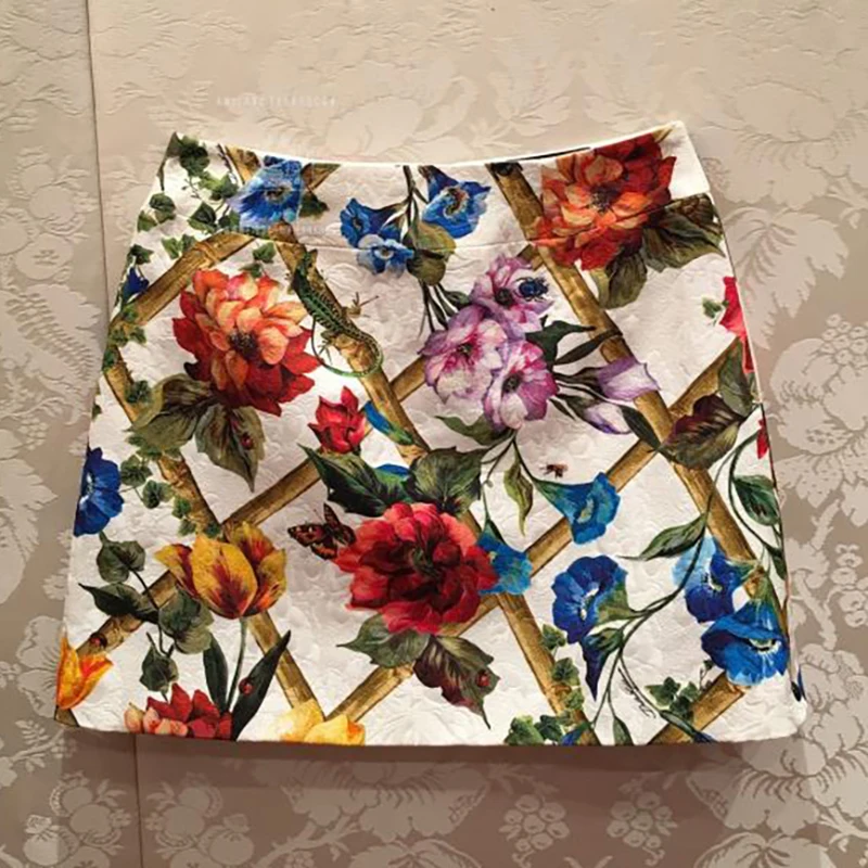 

Luxury Designer Brand Skirt for Women Vintage Insect Floral Print Jacquard A Line Mini Skirt