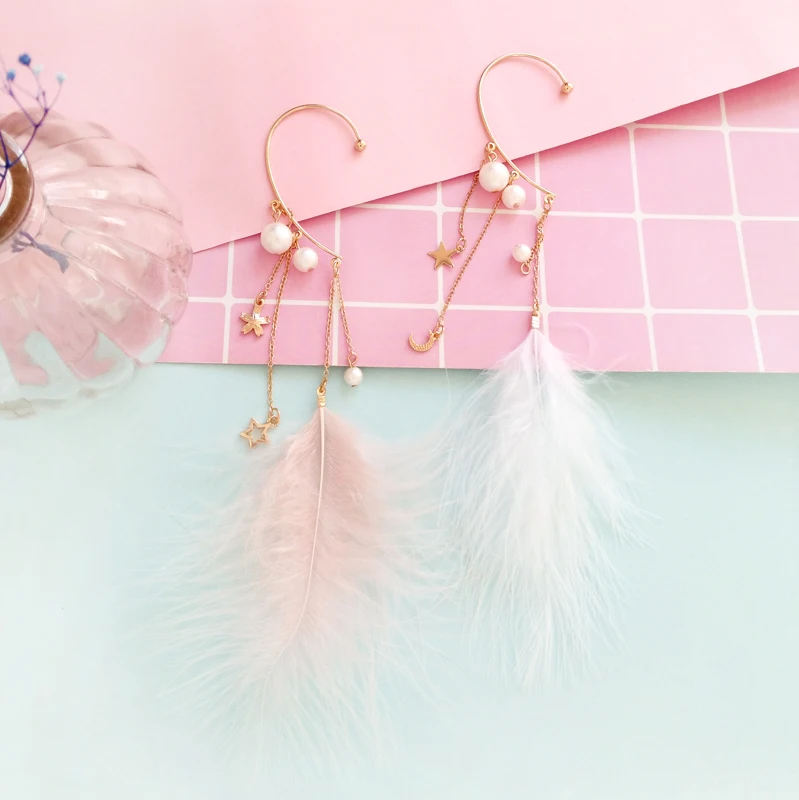 

Elegant ultra female fashion temperament feather pearl dangle earrings Popular white feather tassels pearl earrings for women
