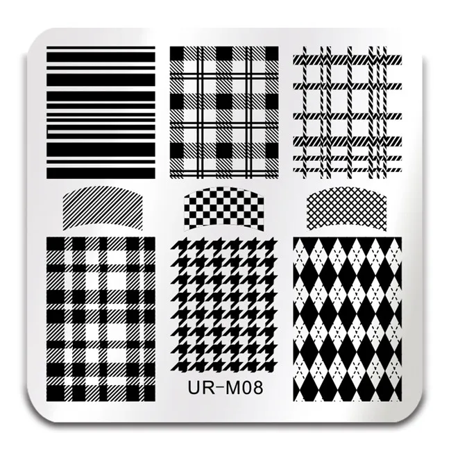

UR SUGAR Round Square Stamping Template Houndstooth Plaid Simple French Manicure Nail Art DIY Plate