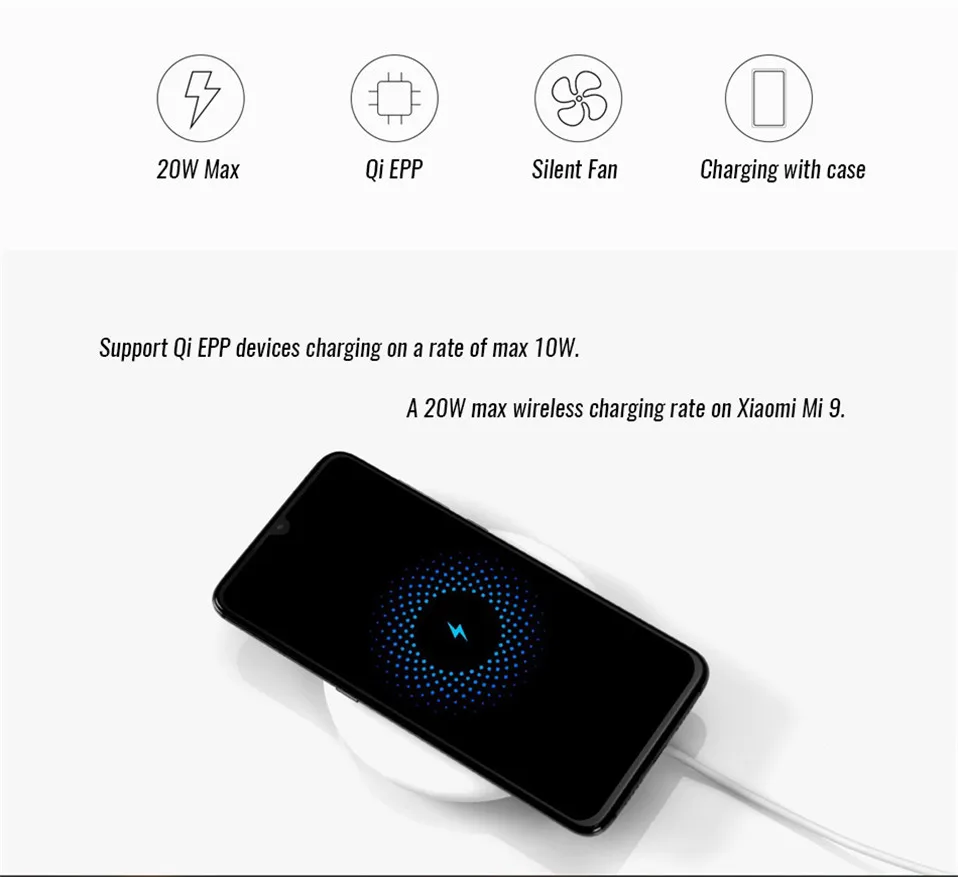 Оригинальное Беспроводное зарядное устройство Xiaomi 20W Max 15V подходит для Xiaomi Mi9 Mix 2 S/3 10W Qi EPP совместимый мобильный телефон(5 W) несколько безопасный