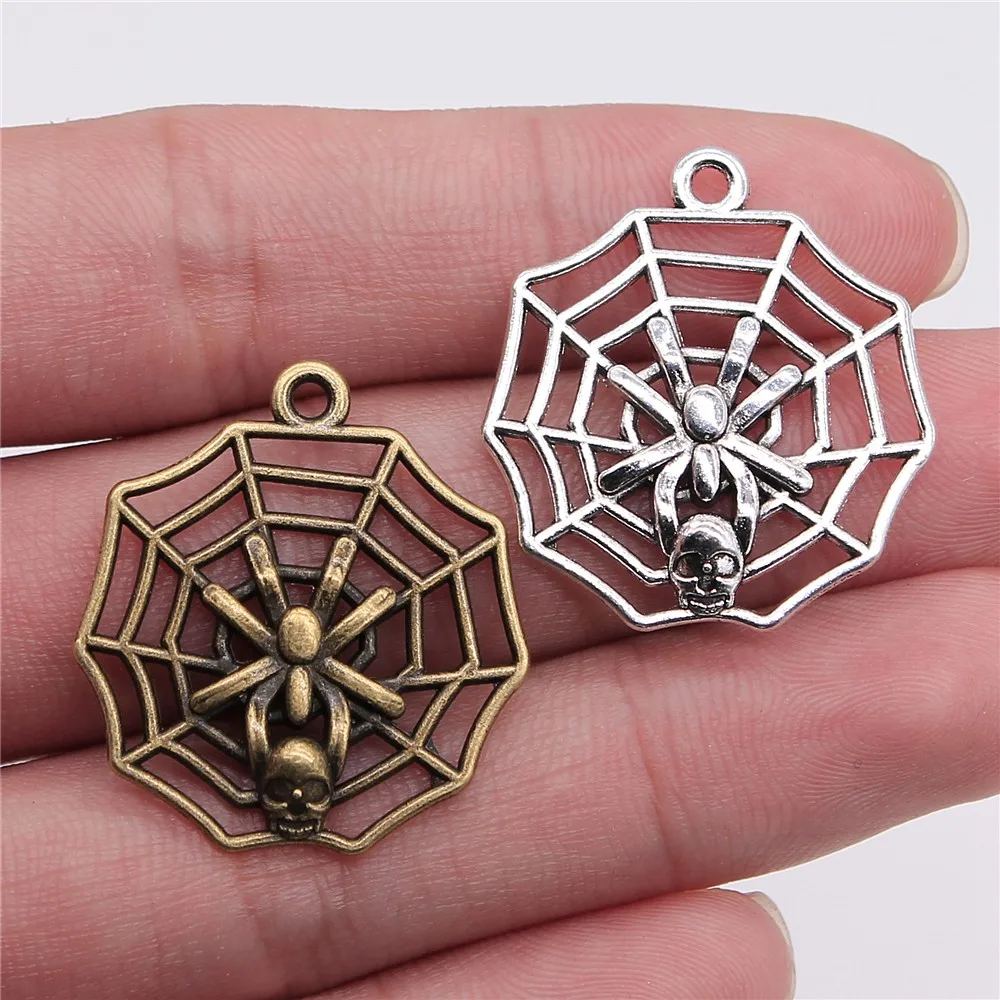 

WYSIWYG 8pcs 29x26mm Antique Silver Antique Bronze Skull Spider Pendants Cobweb Spider Skull Pendants Charm Skull Charm