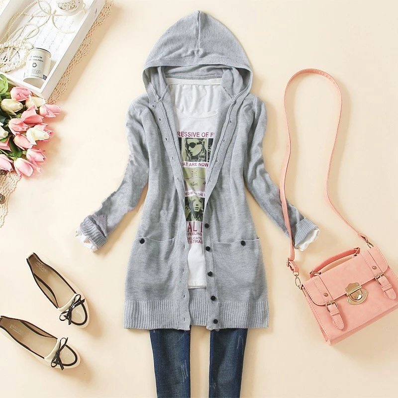 

New arrrival spring and autumn style long-sleeve knitted outerwear medium-long hooded cardigan sweater women coats