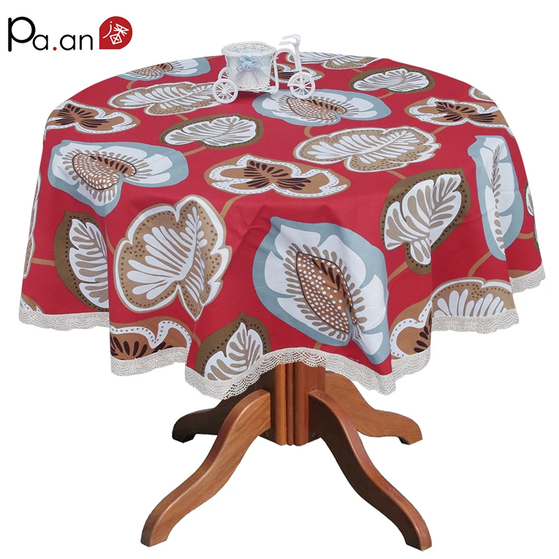 

Red Canvas Round Table Cloth Lace Edge Thick Leaves Printed Cotton Table Cover Microwave Fridge Dustproof Cover Home Decoration