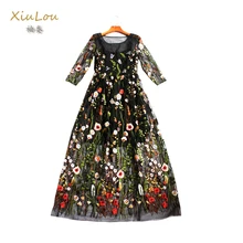 runway maxi dress 2017 Gorgeous Half Sleeves two piece set summer dress Sheer Mesh dress embroidered Style