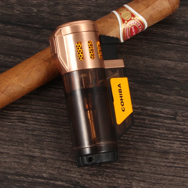 COHIBA зажигалка сигара 2 Факел пламя металл пластик ветрозащитный зажигалки для сигарет газ бутан зажигалка для сигар - Цвет: Rose Golden