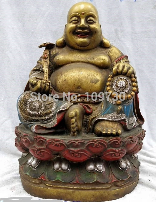 

002969 13" Tibet bronze gild silver Buddhism lucky money happy buddha Sculpture Statue