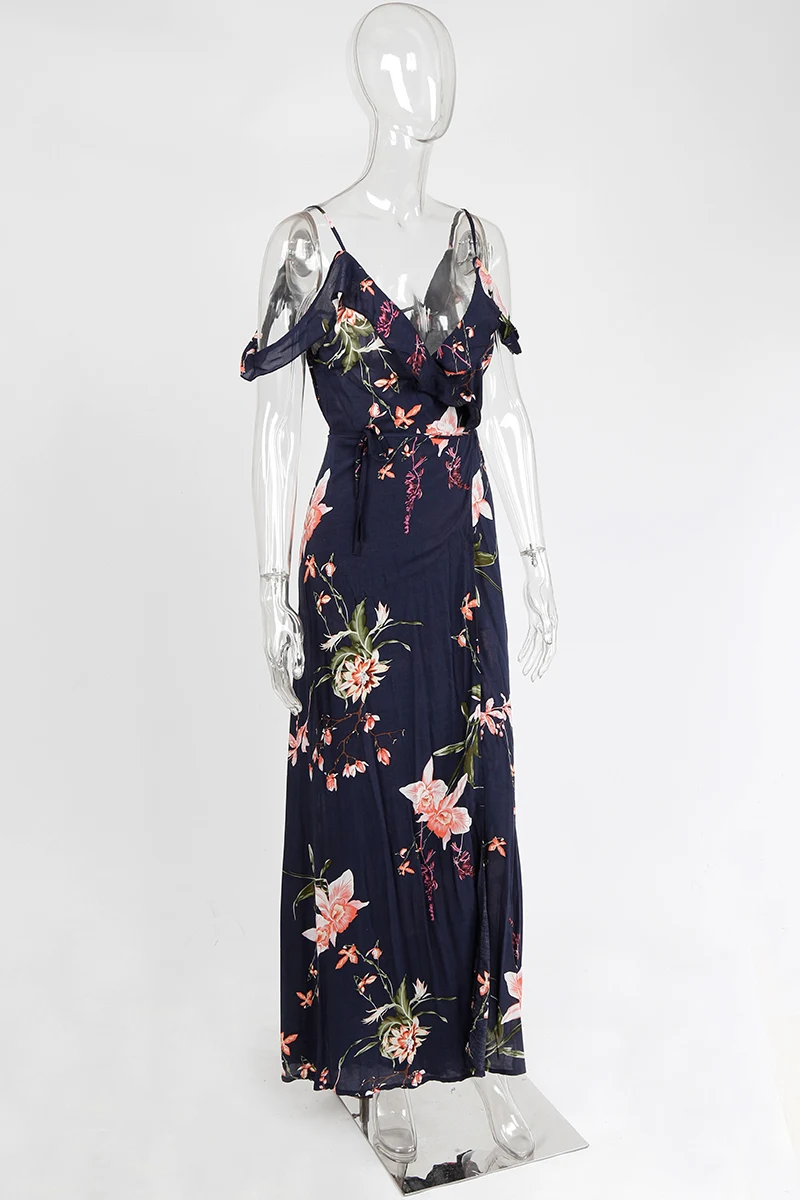 BONGOR LUSS Vintage Floral Print Women Long Bohemian Dress Wrap Casual Ruffle Frill V-Neck Short Sleeve Summer Beach Maxi Dress (2)