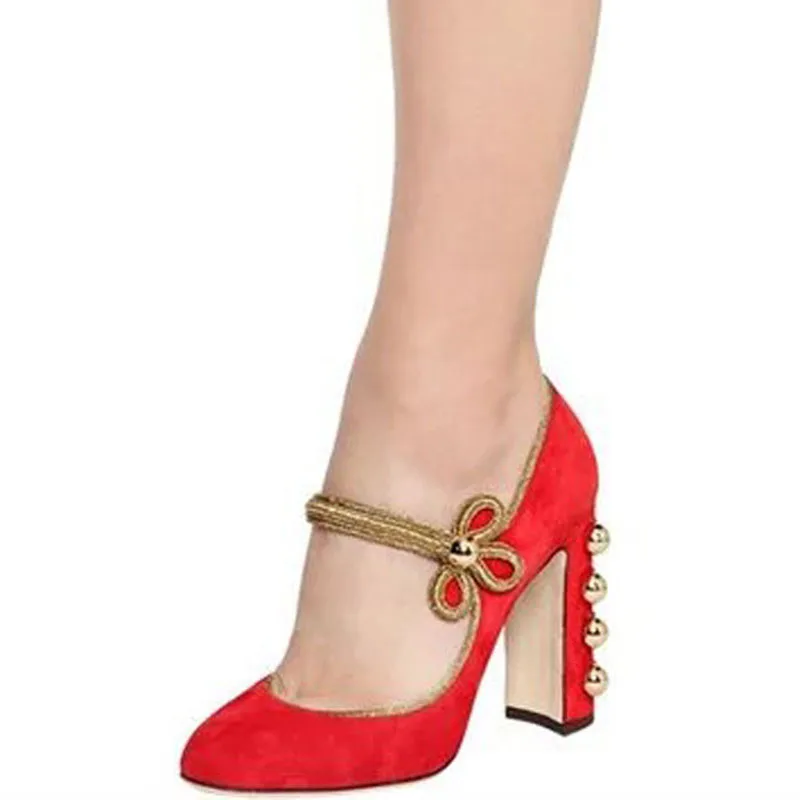 

2018 Suede Leather Women Golden Embroidered Knot Flower Wedding Pumps Mary Jane Round Buttons Ladies Chunky High Heels Bridal