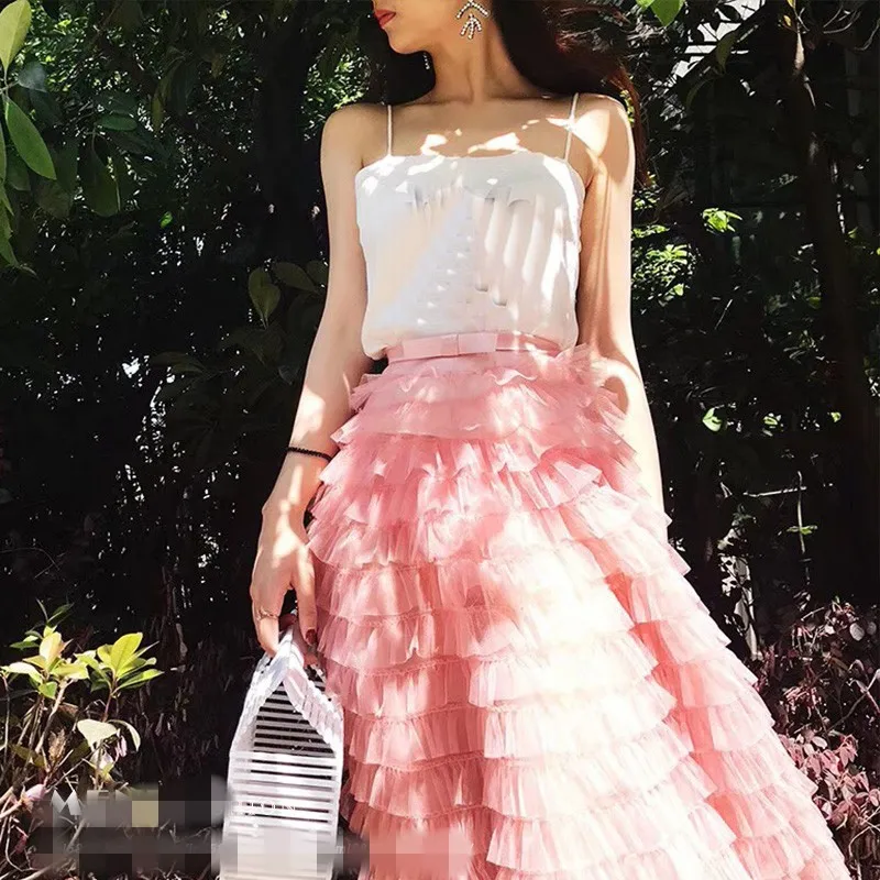 

Faldas Muje Ankle Length Ruffles Tulle Skirts Fashion Tulle Skirt Women Elastic Bow Adult Skirt Summer Female Saias Custom Mde