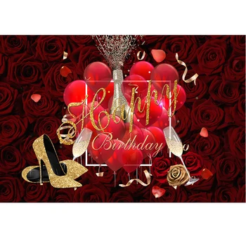 

Happy Birthday Photo Booth Background Printed Red Roses Balloons High Heels Champagne Confetti Customized Photography Backdrop