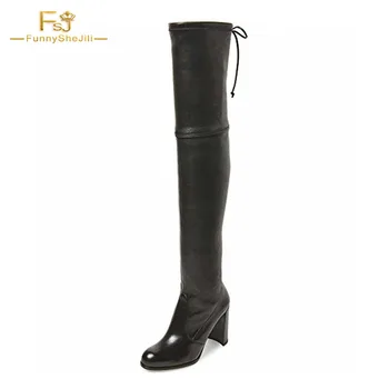 

Spring Women Shoes Sexy Over The Knee Thigh High Back Lace Up Chunky Heel Round Toe Dress Boots Size 13 Black Patent Leather FSJ