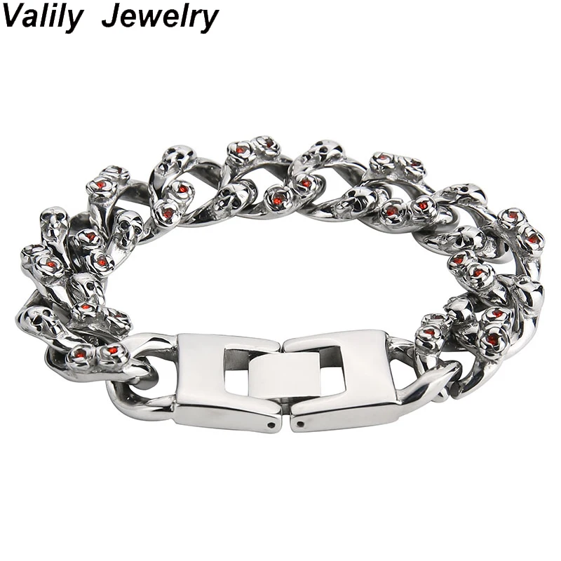 Valily 15 мм Мужские браслеты Цепочка серебряный браслет из нержавеющей стали звено цепи браслеты красный камень для мужчин панк цепи, черепа ювелирные изделия